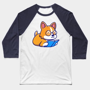 Cute Corgi Dog Reading Book Cartoon Baseball T-Shirt